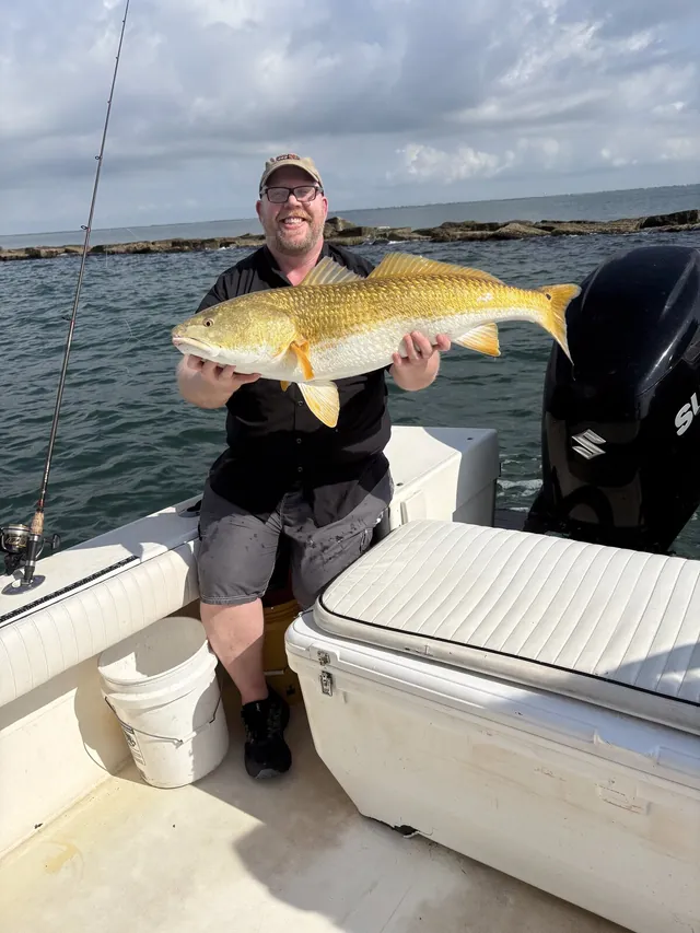 An angler holding a bull redfish aboard the Half Time at the Galveston jetty
