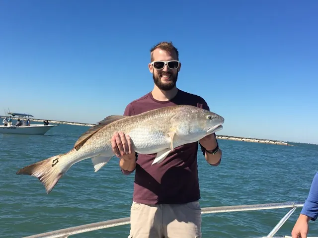 A redfish held above clear water alongside the boat before release