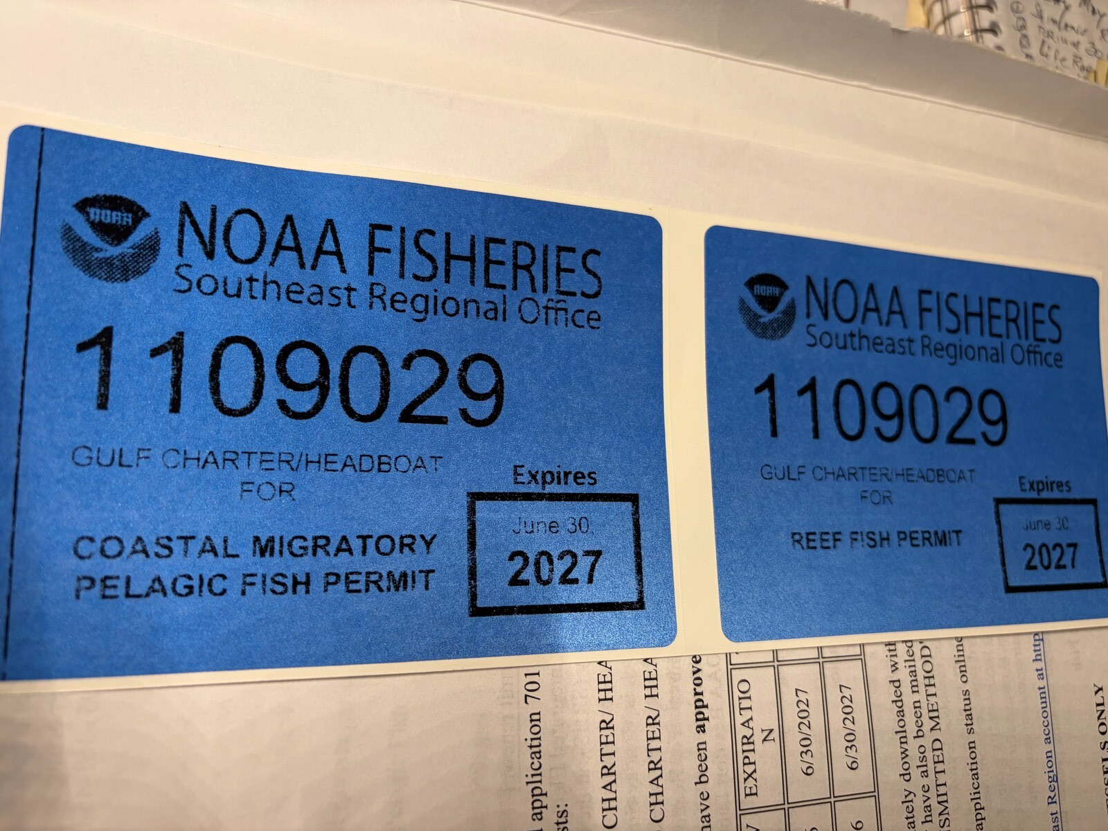 Two NOAA Fisheries vessel permit decals, vessel 1109029, expires June 30, 2027