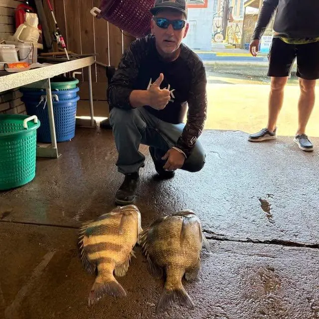 Capt. Shannon LaBauve with two large black drum at the Galveston Yacht Basin dock