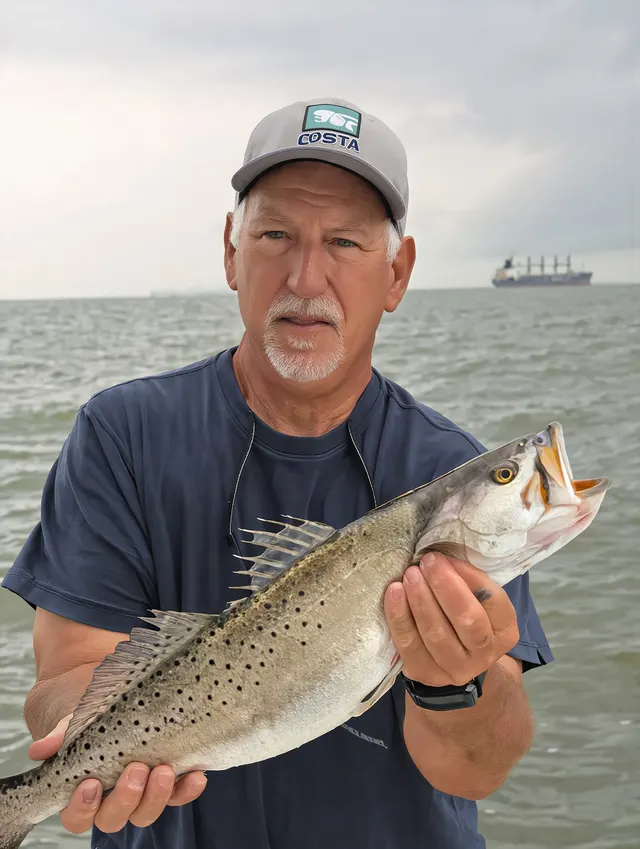 Capt. Shannon LaBauve aboard Half Time with a speckled trout, container ship on the horizon